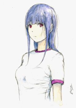 1girl absurdres bbmasa blue_hair blunt_bangs breasts closed_mouth commentary_request gradient_background grey_background gym_shirt hibike!_euphonium highres liz_to_aoi_tori long_hair looking_at_viewer purple_eyes shirt short_sleeves signature small_breasts solo traditional_media upper_body white_shirt yoroizuka_mizore