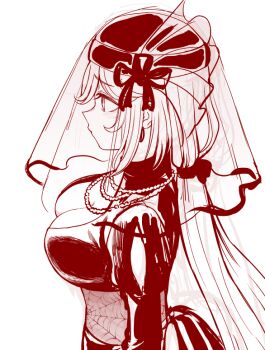 1girl black_dress black_hat blonde_hair breasts cleavage cleavage_cutout clothing_cutout dress earrings hat jewelry large_breasts long_sleeves looking_to_the_side monochrome necklace nogi_yasuhito shokuhou_misaki simple_background solo spider_web_pattern toaru_kagaku_no_railgun toaru_majutsu_no_index veil white_background