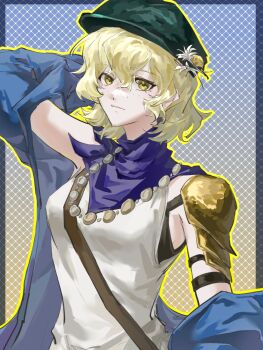 Rule 34 | 1girl, arm up, armor, blonde hair, blue background, blue coat, blue neckerchief, brume (reverse:1999), chinese commentary, closed mouth, coat, commentary request, flower, freckles, gradient background, green hat, grid background, hand on own head, hat, hat flower, highres, jewelry, light smile, looking at viewer, neckerchief, necklace, newsboy cap, off shoulder, reverse:1999, short hair, shoulder armor, solo, tank top, upper body, white flower, white tank top, yellow background, yellow eyes, z. (emotional93615)