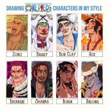 1girl 6+boys arlong beard black_hair blue_hair blue_skin blunt_bangs bon_clay bottle buggy_the_clown charlotte_katakuri chest_hair chest_tattoo colored_skin epaulettes facial_hair fake_eyelashes freckles fur_scarf hana_hana_no_mi hat highres holding holding_bottle jewelry long_hair looking_at_viewer multiple_boys multiple_drawing_challenge necklace nico_robin one_piece orange_hat pearl_necklace pink_petals pirate_hat portgas_d._ace purple_hair red_hair red_nose roronoa_zoro scar scar_across_eye scar_on_face scarf shanks_(one_piece) sharp_teeth short_hair smile stupidjaguar tattoo teeth topless_female upper_body yawning