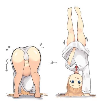 1girl :q absurdres all_fours arrow_(symbol) ass ass_focus blonde_hair blue_eyes cameltoe cleft_of_venus covering_privates fat_mons flying_sweatdrops handstand highres kneepits lab_coat long_hair lycoris_challenge_(meme) meme multiple_views navel necktie nichijou no_bra one_arm_handstand panties professor_shinonome red_necktie simple_background thick_thighs thighs tongue tongue_out underwear upshirt upside-down white_background white_panties zlix0n
