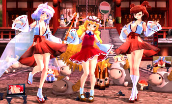 3d 3girls absurdres bad_id bad_nicoseiga_id blonde_hair bottle breasts cleavage computer cosplay detached_sleeves futsuu_no_hetare geta gohei hair_bobbles hair_ornament hakurei_reimu hakurei_reimu_(cosplay) hand_up hat hat_ribbon highres japanese_clothes laptop large_breasts letty_whiterock light_purple_hair lips long_hair mary_janes miko mob_cap multiple_girls mushroom one_eye_closed onozuka_komachi purple_eyes red_eyes red_hair ribbon ribbon-trimmed_sleeves ribbon_trim road_sign rope sheep shoes short_hair shrine sign stairs standing standing_on_one_leg tabi touhou twintails two_side_up yakumo_yukari yellow_eyes