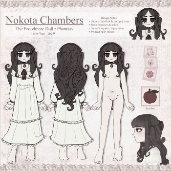 Rule 34 | 1girl, alternate hairstyle, apple, barefoot, bow, breasts, brown bow, brown choker, brown eyes, brown hair, capelet, character name, character profile, choker, closed mouth, dress, english text, food, frilled sleeves, frills, from behind, from side, fruit, hair bow, long hair, looking at viewer, mole, mole on pussy, navel, nokota (roseary), original, pussy, red ribbon, reference sheet, ribbon, roseary, small breasts, smile, straight-on, twintails, white capelet, white dress