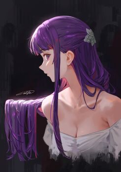 Rule 34 | absurdres, bare shoulders, black background, breasts, chinese commentary, cleavage, commentary request, cropped arms, cropped torso, elfe art, facing to the side, fern, fern (sousou no frieren), hair flowing over, hair ornament, highres, long hair, pink eyes, profile, purple hair, sidelocks, sideways glance, signature, sousou no frieren, very long hair