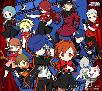 5boys 5girls adjusting_clothes adjusting_gloves aigis_(persona) amada_ken android animal_ears aqua_hair aragaki_shinjirou armband atlus baseball_cap beanie belt black_gloves black_shorts blazer blonde_hair blue_background blue_eyes blue_hair blue_shirt brown_hair chain choker coat collar company_name curtains dog dog_ears dog_tail evoker film_strip gekkoukan_high_school_uniform gloves grey_eyes grey_hair grin gun hair_ornament hair_over_one_eye hairclip hands_in_pockets hat headphones heart heart_choker highres holding holding_gun holding_weapon hood hoodie iori_junpei jacket jewelry joints kirijou_mitsuru koromaru_(persona) long_hair multiple_boys multiple_girls necklace official_art official_wallpaper open_mouth orange_hair orange_hoodie orange_outline oribe_hanako outline pantyhose persona persona_3 persona_q2:_new_cinema_labyrinth persona_q:_shadow_of_the_labyrinth persona_q_(series) pink_sweater red_armband red_eyes red_hair red_ribbon ribbed_sweater ribbon robot_joints s.e.e.s sanada_akihiko school_uniform second-party_source sega shiomi_kotone shirt short_hair shorts skirt smile socks sparkle sweater tail takeba_yukari tongue tongue_out trench_coat vest wallet_chain weapon white_choker white_pantyhose wings yamagishi_fuuka yuuki_makoto_(persona_3)