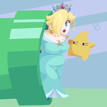 1girl aqua_dress bare_shoulders belly blonde_hair blue_eyes breasts brooch crown curvy dress earrings hair_over_one_eye jewelry long_hair luma_(mario) mario_(series) nintendo open_mouth rosalina star_(symbol) star_brooch star_earrings super_mario_bros._wonder vinnamon_buns