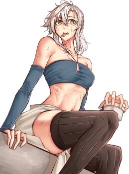 1girl arm_warmers blue_arm_warmers blue_sports_bra commentary curtained_hair double-parted_bangs eiyuu_densetsu english_commentary feather_necklace fie_claussell green_eyes highres jewelry kuro_no_kiseki_(series) kuro_no_kiseki_i long_hair moren_eh navel necklace open_mouth simple_background sitting solo sports_bra stomach sweat sweatdrop toned toned_female tongue tongue_out upper_body white_background white_hair