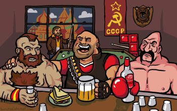 4boys alcohol bar_(place) bear beer billiards bottle capcom communism crossover cup food grand_theft_auto hammer_and_sickle heavy_(tf2) kremlin kyatt l-block male_focus mounted_head mug multiple_boys niko_bellic nintendo punch-out!! rockstar russia sandwich soda_popinski star_(symbol) street_fighter strikethrough team_fortress_2 teeth tetris trophy_head ussr watermark web_address web_address_without_path zangief