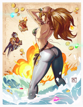 1girl 2boys absurdres adjusting_hair artist_self-insert ass belt bikini bikini_top_only breasts brown_eyes brown_hair chibi chibi_inset coin compass curvy earrings floating_hair from_behind gem green_bikini grey_pants hair_pulled_back hamza_touijri heart heart-shaped_eyes highres jewelry large_breasts log_pose long_hair looking_at_viewer looking_back loose_belt multiple_boys nami_(one_piece) nami_(one_piece)_(return_to_sabaody) one_piece pants pantylines ponytail sanji_(one_piece) shoulder_tattoo smile solo_focus striped_bikini striped_clothes stud_earrings swimsuit tattoo thick_thighs thighs tight_clothes tight_pants tying_hair untied_bikini wading wanted_poster water wide_hips