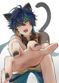 Rule 34 | 1boy, animal ears, black hair, black nails, black tail, brown shirt, cat boy, cat ears, cat tail, commentary request, ear piercing, earrings, genshin impact, green eyes, green hair, green headband, hair between eyes, hand focus, headband, highres, jewelry, kinich (genshin impact), male focus, multicolored hair, open mouth, piercing, shirt, short hair, short sleeves, skg g, solo, streaked hair, tail