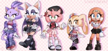 amy_rose animal_ears bat_girl bat_wings beret black_shoes black_skirt blaze_the_cat breasts cat_ears cat_girl cat_tail cream_the_rabbit ear_piercing echidna_girl eyeshadow furry gold_headband green_eyes hat hedgehog_girl highres makeup piercing purple_eyeshadow rabbit_ears rabbit_girl rouge_the_bat scruffyart shoes skirt socks sonic_(series) sonic_adventure sonic_adventure_2 sonic_the_hedgehog tail tikal_the_echidna wings