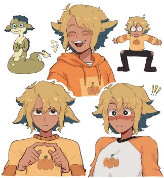 ! !! 1girl :| black_eyes blonde_hair blue_hair blush boots byubiyubi closed_eyes closed_mouth highres hood hoodie index_fingers_together long_sleeves multiple_views open_mouth pants parted_lips short_hair smile sweater tail teeth the_owl_house vee_(the_owl_house) white_background yellow_pupils yellow_sweater