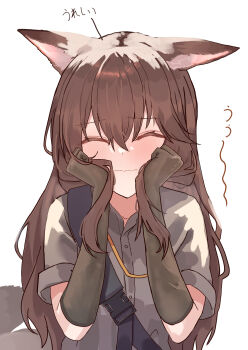 1girl absurdres animal_ear_fluff animal_ears arknights blush brown_gloves brown_hair closed_eyes closed_mouth commentary_request elbow_gloves facing_viewer franka_(arknights) gloves grey_shirt hair_between_eyes hands_up highres holding holding_own_hair long_hair shirt short_sleeves simple_background solo suzubotan tail translation_request upper_body very_long_hair wavy_mouth white_background