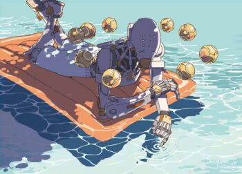 1boy commentary crossed_ankles english_commentary hamau humanoid_robot lying male_focus on_stomach orb overwatch overwatch_1 pool_float ripples robot shorts signature solo water white_shorts zenyatta_(overwatch)