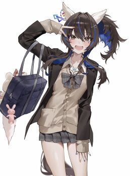 Rule 34 | 1girl, animal ears, bag, blue hair, blue nails, blush, brown cardigan, brown eyes, brown hair, brown jacket, cardigan, collared shirt, colored inner hair, cowboy shot, daitaku helios (umamusume), ear covers, fang, grey skirt, hair intakes, hair ornament, hairclip, highres, horse ears, horse girl, horse tail, jacket, long hair, long sleeves, looking at viewer, multicolored hair, multicolored nails, one side up, open mouth, plaid clothes, plaid skirt, pleated skirt, purple nails, school bag, school uniform, shirt, simple background, skin fang, skirt, smile, solo, star (symbol), star hair ornament, sticker, sticker on face, streaked hair, tail, umamusume, v, white background, white shirt, yellow nails, yogukasu