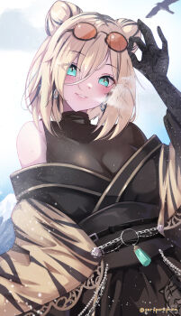 1girl absurdres adjusting_eyewear animal_print black_gloves black_kimono black_shirt black_streaks blonde_hair breasts breath commentary_request day double_bun earrings eyewear_on_head gloves grin hair_bun hand_up highres hololive hololive_dev_is japanese_clothes jewelry kimono koganei_niko koganei_niko_(new_year) lace lace_gloves large_breasts looking_at_viewer obi off_shoulder official_alternate_costume official_alternate_hairstyle orange-tinted_eyewear outdoors poruporupriiin sash shawl shirt short_hair slit_pupils smile solo sunglasses tiger_print tinted_eyewear undershirt upper_body virtual_youtuber yellow_shawl