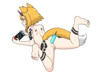 absurdres after_anal aftersex animal_ears deuman food fox_ears fox_girl fox_tail heterochromia highres horns legs_apart loli lying nintendo_switch nude object_insertion on_stomach phantasy_star phantasy_star_online_2 popsicle popsicle_in_ass pussy sarayah switch tail white_background yiku1707