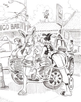 5girls absurdres animal_ears artist_name braid braided_twintails building car cat commentary_request crop_top dated english_text eudetenis forehead highres holding holding_ice_cream_cone horns ice_cream_cone lamppost leaning_forward leaning_on_object long_hair looking_at_another motor_vehicle multiple_girls open_mouth original outdoors pants ponytail rabbit_ears sandals shirt short_shorts short_sleeves shorts sign sleeveless sleeveless_shirt slice_of_life standing straight_hair tail traditional_media twintails watch