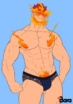 1boy abs artist_name bara bare_pectorals biceps blue_background boku_no_hero_academia bulge burning commentary endeavor_(boku_no_hero_academia) english_commentary fiery_hair highres lace lace_panties looking_at_viewer male_focus muscular muscular_male navel panties pectorals red_hair smile topless_male torn_clothes torn_panties underwear vit_(vitamin_bara)