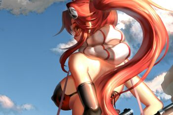 Rule 34 | 00s, 1girl, bikini, bikini top only, breasts, cloud, covered erect nipples, elbow gloves, female focus, gloves, goggles, large breasts, long hair, orange eyes, otaku (artist), ponytail, red hair, scarf, sky, solo, swimsuit, tengen toppa gurren lagann, yoko littner