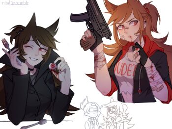 Rule 34 | 4girls, :3, adapted costume, alternate costume, alternate hairstyle, animification, bandage on cheek, bandaged arm, bandaged neck, bandages, bandaid, bandaid on arm, black choker, black coat, black gloves, black hoodie, black nails, blood, blood from mouth, breasts, brown eyes, brown hair, choker, cleavage, clenched hand, clothes writing, coat, commentary, cosplay, drawstring, eddsworld, english commentary, eyeball, eyepatch, eyeshadow, fingerless gloves, flipped hair, fork, future tom (eddsworld), future tom (eddsworld) (cosplay), genderswap, genderswap (mtf), gloves, grin, gun, hair bobbles, hair ears, hair ornament, head-mounted display, high collar, highres, holding, holding eyeball, holding fork, holding gun, holding weapon, hood, hood down, hoodie, long hair, looking at viewer, looking to the side, makeup, medium breasts, multiple girls, multiple persona, nitallie, one eye closed, open clothes, open hoodie, ponytail, prototype design, red eyes, red eyeshadow, red leader (eddsworld), red leader (eddsworld) (cosplay), red nails, self cosplay, short ponytail, sidelocks, simple background, sketch inset, smile, spoon, tamara (eddsworld), tank top, tom (eddsworld), topknot, tord (eddsworld), tord (eddsworld) (cosplay), tori (eddsworld), trench coat, very long hair, weapon, white background, white tank top