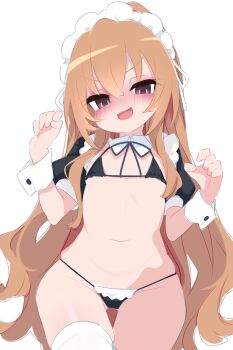 1girl aisaka_taiga bikini blush brown_hair female_focus flat_chest highres kukuchi581 kyojiri_loli loli long_hair looking_at_viewer maid maid_bikini maid_headdress micro_bikini navel smile solo standing stomach swimsuit thighhighs toradora! unconventional_maid white_thighhighs