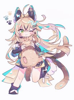 1girl animal bare_shoulders blonde_hair blush brown_cat cat cat_girl cat_tail detached_sleeves genshin_impact green_eyes hair_ornament hairclip highres holding holding_animal holding_cat kirara_(genshin_impact) long_hair long_sleeves multiple_tails one_eye_closed sushiuma_m tail two_tails whiskers