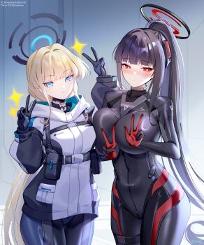 2girls absurdres black_bodysuit black_hair black_halo blonde_hair blue_archive blue_eyes blush bodysuit breast_press breasts bright_pupils chest_harness commentary_request cow dc_(doughertyevans) double_v embarrassed halo harness highres impossible_bodysuit impossible_clothes jacket large_breasts long_hair looking_at_viewer multicolored_halo multiple_girls official_alternate_costume official_alternate_hairstyle red_eyes ringed_eyes rio_(blue_archive) rio_(bodysuit)_(blue_archive) smile sparkle toki_(blue_archive) toki_(bodysuit)_(blue_archive) two-tone_halo v white_jacket white_pupils