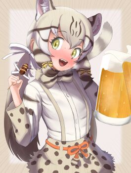 1girl animal_ears animal_print beer_mug blush bow bowtie brown_hair brown_shirt brown_skirt cat_ears cat_girl cat_print cat_tail cowboy_shot cup extra_ears fangs geoffroy&#039;s_cat_(kemono_friends) green_eyes hair_between_eyes harusan_adelie high-waist_skirt highres kemono_friends long_hair mug multicolored_hair multicolored_shirt nose_blush open_mouth print_bow print_bowtie print_skirt print_sleeves shirt sidelocks skirt solo suspender_skirt suspenders tail twintails white_shirt