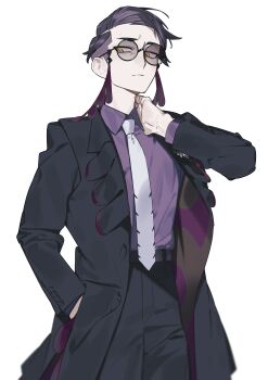 1boy absurdres belt belt_buckle black_coat black_pants buckle ccf2q closed_mouth coat collared_shirt corbeau_(pokemon) cowboy_shot frown glasses hand_in_pocket hand_on_own_neck highres lapels layered_sleeves long_sleeves looking_to_the_side male_focus necktie nintendo pants parted_hair pokemon pokemon_legends:_z-a purple_hair purple_shirt round_eyewear shirt short_hair sideways_glance simple_background solo standing tassel white_background white_necktie wing_collar