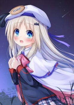 Rule 34 | 1girl, bat hair ornament, beret, blonde hair, blue eyes, blush, bow, bowtie, cape, capelet, cloak, fang, hair ornament, hat, highres, kud wafter, kudpoid (71139), little busters!, little busters! school uniform, long hair, long sleeves, looking at viewer, night, noumi kudryavka, open mouth, pink bow, pink bowtie, plaid clothes, plaid skirt, school uniform, skirt, sky, smile, solo, star (sky), starry sky, white cape, white capelet, white cloak, white hat