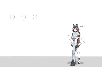 ... absurdres ahoge animal_ears black_hair brown_eyes cicada_hug commentary detached_sleeves fox_ears fox_girl fox_tail hair_ornament highres hololive long_hair looking_ahead low-tied_long_hair mean_0603 ookami_mio ookami_mio_(1st_costume) red_streaks shirakami_fubuki shirakami_fubuki_(1st_costume) simple_background standing symbol-only_commentary tail thighhighs white_background white_thighhighs wolf_ears wolf_girl