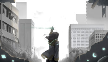 1girl bare_tree black_hair cityscape commentary cowboy_shot crescent debris dissolving english_commentary floating_hair from_behind grey_sky highres holding holding_star hood hood_down jacket long_hair mustika_d_a original overgrown planet ruins sky standing star_(symbol) tree white_jacket wide_shot wind