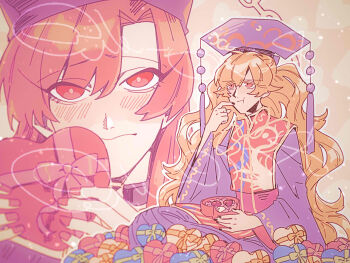 Rule 34 | 2girls, black dress, black nails, blush, box, box of chocolates, candy, chocolate, chocolate heart, close-up, commentary request, dalachi (headdress), dress, eating, food, heart, heart-shaped food, hecatia lapislazuli, holding, holding box, junko (touhou), long eyelashes, long hair, long sleeves, multiple girls, orange hair, raya (uk 0128), red eyes, red hair, red nails, red tabard, tabard, too many gifts, touhou, valentine, very long hair, wide sleeves, yuri