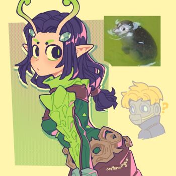 1girl alien animal antennae arthropod_girl character_request commentary cottonwings english_commentary from_behind green_pupils guardians_of_the_galaxy hair_ornament highres long_hair mantis_(marvel) marvel marvel_rivals pointy_ears purple_hair scene_reference simple_background star-lord