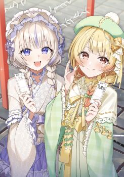 Rule 34 | 2girls, :q, ahoge, beret, blonde hair, bow, braid, commentary request, green bow, green hat, green kimono, hair bow, hairband, hat, highres, hololive, hololive dev is, japanese clothes, kimono, lolita hairband, long hair, looking at viewer, low twin braids, multicolored hair, multiple girls, open mouth, otonose kanade, otonose kanade (new year), purple hair, red eyes, smile, streaked hair, todoroki hajime, todoroki hajime (new year), tongue, tongue out, twin braids, virtual youtuber, white kimono, yoshidadon