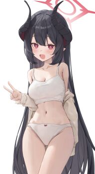 +_+ 1girl :d absurdres alternate_costume bare_shoulders black_hair blue_archive blush bow bow_panties bra breasts brown_jacket chiaki_(blue_archive) cleavage cowboy_shot demon_girl demon_horns hair_between_eyes halo hand_up highres horns jacket long_hair looking_at_viewer medium_breasts navel open_mouth panties pointy_ears red_eyes red_halo sidelocks simple_background smile solo springrain_06 stomach straight_hair thigh_gap thighs underwear underwear_only v very_long_hair white_background white_bra white_panties