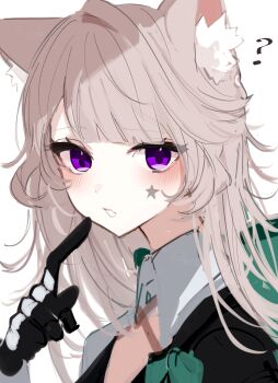 1girl ? absurdres animal_ear_fluff animal_ears black_gloves blunt_bangs blush cat_ears cat_girl cheek_tattoo cleavage_cutout clothing_cutout commentary finger_to_cheek genshin_impact gloves grey_hair high_collar highres long_hair looking_at_viewer lynette_(genshin_impact) magnet_8_8 parted_lips portrait purple_eyes simple_background solo star_(symbol) star_tattoo tattoo white_background
