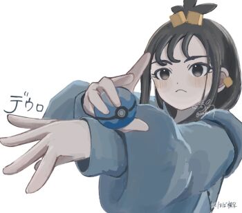 1girl black_hair blush closed_mouth commentary_request cube_hair_ornament dive_ball earclip eyelashes hair_ornament holding holding_poke_ball hood hoodie koruku_(user_rycc5532) lida_(pokemon) long_hair long_sleeves nintendo poke_ball pokemon pokemon_legends:_z-a signature sleeves_past_wrists solo topknot upper_body