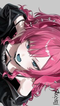 Rule 34 | 1girl, absurdres, animal ears, bare shoulders, bent over, black choker, black jacket, black shirt, blue eyes, blue tongue, breasts, chiromi, choker, colored tongue, commentary, dog ears, downblouse, fang, floppy ears, grey background, highres, jacket, long hair, looking at viewer, off shoulder, open clothes, open jacket, open mouth, original, pink hair, shirt, simple background, sleeveless, sleeveless shirt, small breasts, solo, spaghetti strap, spikes, strap slip, symbol-only commentary, v-shaped eyebrows