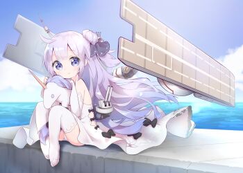 Rule 34 | azur lane, blush, hugging doll, dress, full body, hair bun, highres, long hair, looking at viewer, nipeira, hugging object, purple eyes, purple hair, side bun, single hair bun, single side bun, smile, solo, stuffed pegasus, stuffed unicorn, thighhighs, unicorn (azur lane), white dress, white thighhighs