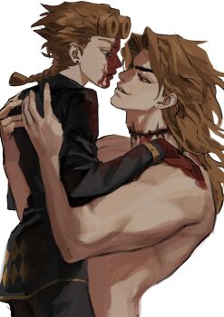2boys absurdres black_pants black_shirt blood blood_on_face blood_on_hands blood_on_neck blood_on_shoulder braid colored_eyelashes commentary commentary_request dio_brando earrings father_and_son giorno_giovanna green_eyes hand_on_another&#039;s_back highres injury jewangchobab jewelry jojo_no_kimyou_na_bouken long_hair looking_at_another low-braided_long_hair low-tied_long_hair male_focus multiple_boys muscular muscular_male pants parted_lips partially_shaded_face shirt sleeves_past_wrists smile stardust_crusaders stud_earrings topless_male vento_aureo victory_rolls