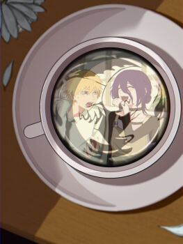 apron black_choker black_necktie blonde_hair chainsaw_man choker closed_eyes coffee coffee_mug commentary_request cup denji_(chainsaw_man) drink flower grey_apron hair_between_eyes hair_bun highres mug necktie open_mouth purple_hair reflection reflection_focus reze_(chainsaw_man) saucer shirt table user_traa3358 white_flower white_shirt
