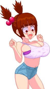 1girl air-strip_angel animated bare_shoulders blair_(air-strip_angel) blunt_bangs bouncing_breasts bra breasts bursting_breasts cleavage closed_eyes collarbone constricted_pupils covered_erect_nipples denim denim_shorts fangs female_focus freckles hair_bobbles hair_ornament hands_up huge_breasts looking_down looping_animation open_mouth oppai_loli pixel_art purple_bra red_eyes red_hair shiny_skin short_hair short_shorts short_twintails shorts solo sprite standing surprised tank_top tim-buktu twintails undersized_breast_cup undersized_clothes underwear white_background