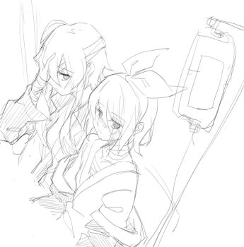 2girls bandage_on_face bandaged_arm bandaged_head bandages bandaid bandaid_on_face bandaid_on_nose bow commentary_request gumi hair_bow hairband hand_on_own_face hospital_gown intravenous_drip iv_stand kagamine_rin long_sleeves multiple_girls short_hair vocaloid wounds404