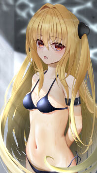 Rule 34 | 1girl, :o, absurdres, arm strap, arms behind back, awoka7c2, bare shoulders, bikini, black bikini, blonde hair, blush, breasts, collarbone, commentary, cowboy shot, eyelashes, eyes visible through hair, floating hair, hair between eyes, hair intakes, highres, konjiki no yami, long hair, looking at viewer, navel, open mouth, red eyes, shiny skin, side-tie bikini bottom, sideboob, sidelighting, sidelocks, small breasts, solo, stomach, straight hair, swimsuit, to love-ru, to love-ru darkness, two side up, underboob, very long hair, wardrobe malfunction, wet