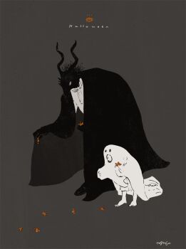 1boy 1girl black_background black_cloak black_fur body_fur candy child cloak food furry furry_male ghost_costume halloween halloween_costume horns leaning_forward nagabe sensei_(totsukuni_no_shoujo) shiva_(totsukuni_no_shoujo) simple_background totsukuni_no_shoujo white_eyes