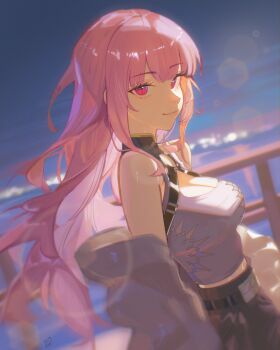 black_pants blunt_bangs breasts cleavage closed_mouth commentary english_commentary halter_shirt halterneck highres hololive hololive_english jacket lens_flare long_hair looking_at_viewer medium_breasts mori_calliope ninochuu o-ring o-ring_top off_shoulder outdoors pants pink_eyes pink_hair purple_jacket purple_shirt shirt sidelocks sleeveless sleeveless_shirt smile straight_hair virtual_youtuber