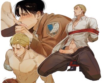 2boys abs amputee arm_up arms_behind_back bandaged_arm bandages bara bdsm black_footwear blonde_hair blush bolo_tie bondage bound bound_ankles brown_eyes brown_hair brown_jacket brown_pants cherry_aot closed_eyes closed_mouth clothes_grab collared_shirt commentary_request couple deepthroat ear_blush erection erwin_smith fellatio highres jacket kneeling korean_commentary levi_(shingeki_no_kyojin) long_sleeves male_focus male_pubic_hair midriff missing_limb mouth_hold multicolored_hair multiple_boys multiple_views muscular muscular_male navel necktie necktie_in_mouth nipples open_collar open_pants oral pants paradis_military_uniform pectorals penis pubic_hair red_rope rope saliva shingeki_no_kyojin shirt short_hair sideburns simple_background two-tone_hair veins white_background white_shirt wing_collar yaoi