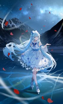 1girl aqua_eyes bow closed_mouth condom condom_on_penis detached_sleeves dress full_body hair_between_eyes hair_bow hair_ornament hatsune_miku highres ice_skates long_hair long_sleeves looking_at_viewer mountain night night_sky penis skates sky sleeveless sleeveless_dress smile solo standing star_(sky) starry_sky sunakienn twintails used_condom used_condom_on_penis very_long_hair vocaloid white_dress white_hair wide_sleeves yuki_miku